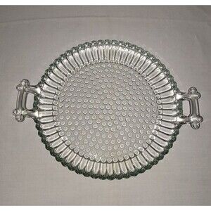 VTG Hobnail Jeannette Glass Clear Round Depression Serving Tray w/Handles 9.5"